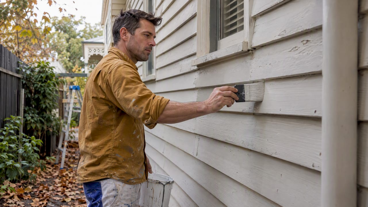 Painter coating Edwardian weatherboards in autumn