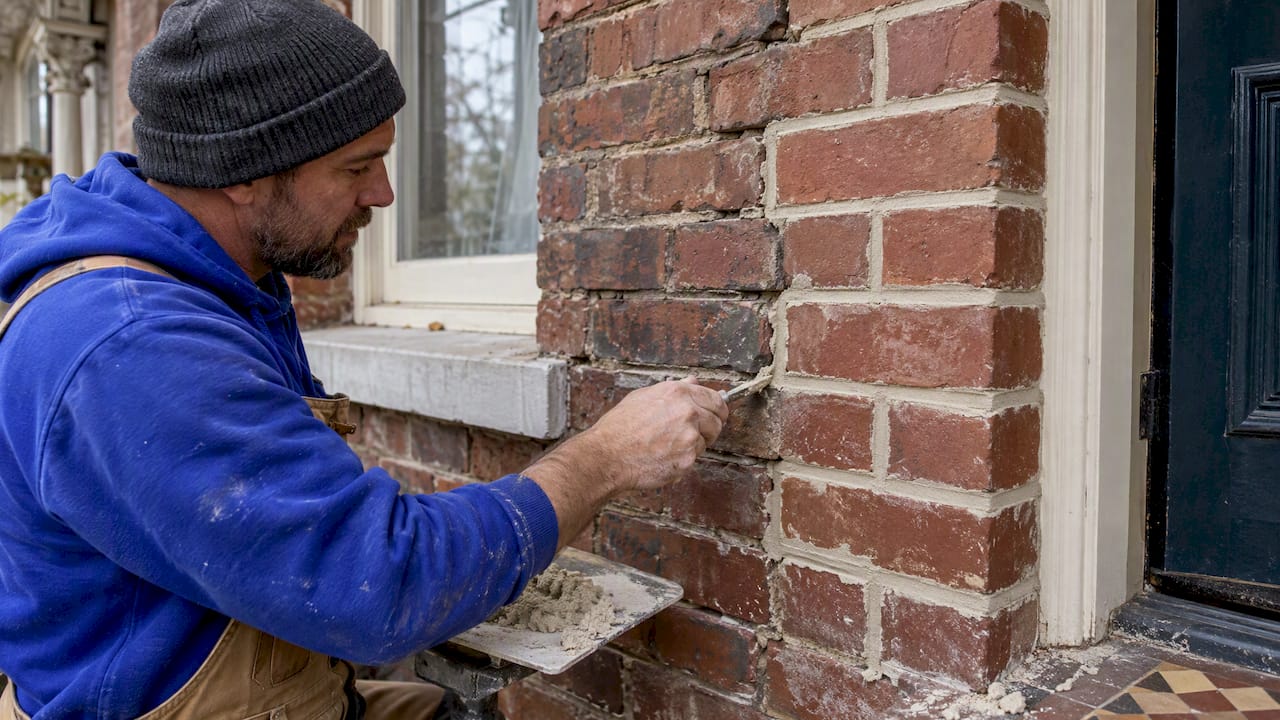Mason finishing lime mortar joints on Victorian brickwork